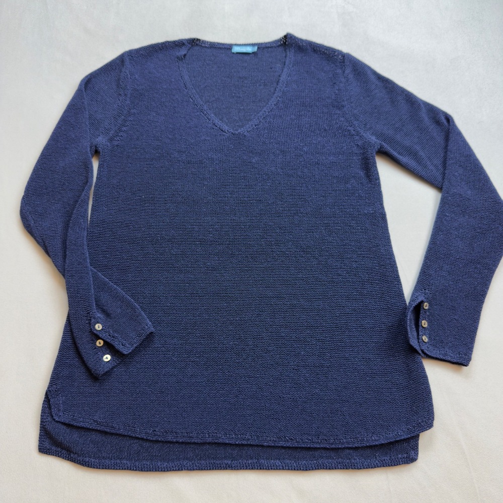 J.McLaughlin Navy Blue‎ V Neck Button Cuff Knit Sweater Top Womens Small